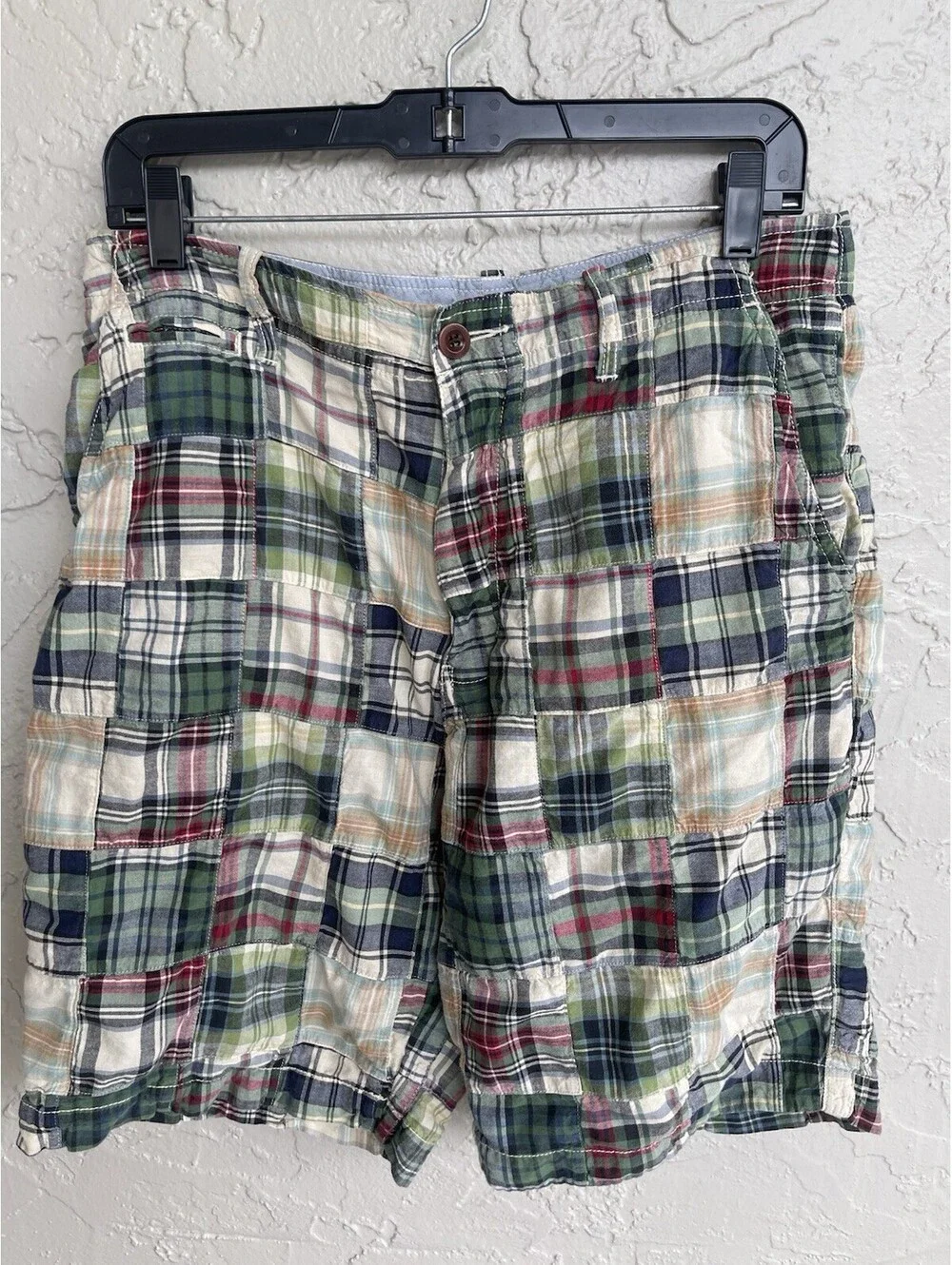 J Crew Shorts Men's 32W Multicolor Madras Plaid Patchwork Field Shorts.